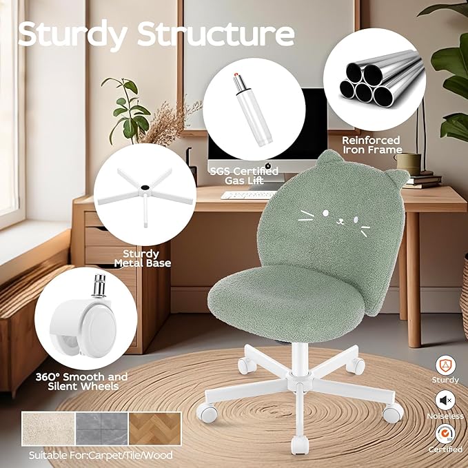Vanity Chair with Cat Back,Armless Desk Chair Cute Small Office Chair,Teddy Fabric Computer Chair with Adjustable Height,120°Tilting,Rolling,Swivel for Vanity,Kids Room,Office,Bedroom Green