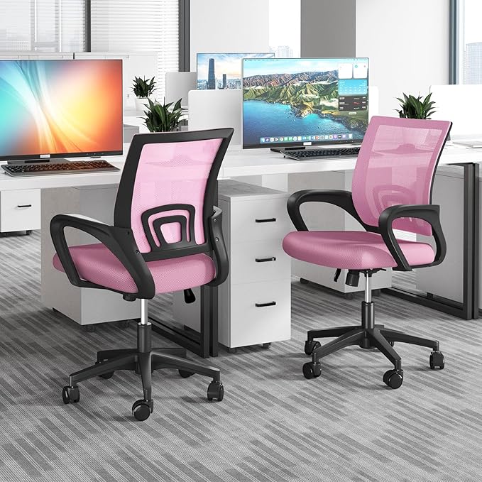 Home Office Chairs, Ergonomic Mid-Back Mesh Desk Chairs with Lumbar Support, Adjustable Swivel Rolling Design, Comfy Armrest for Work, Study, Gaming, Vanity, Pink, 2 Pack