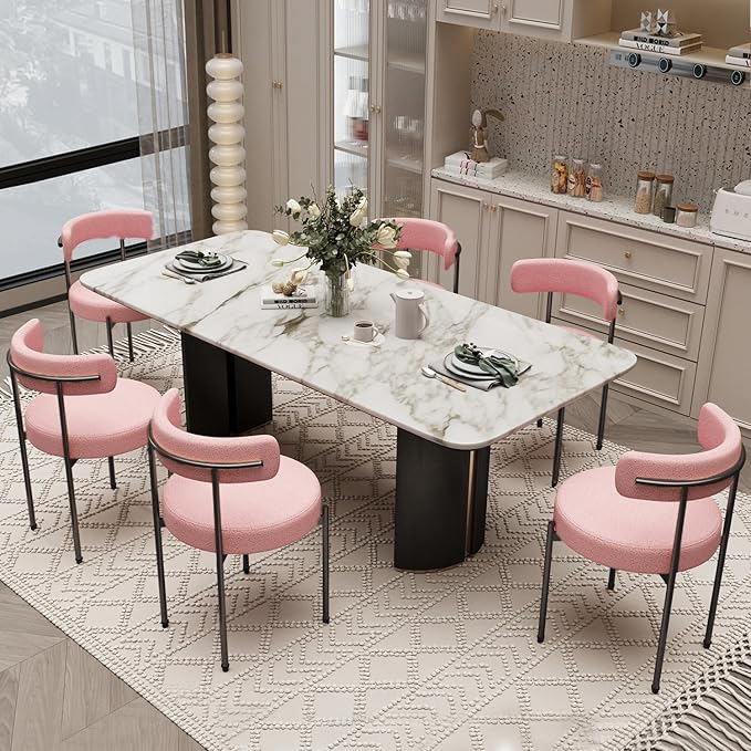 Boucle Dining Chairs Set of 6 Teddy Upholstered Dining Room Chairs Kitchen Chairs with Metal Legs Mid Century Modern Chair for Dining Room, Kitchen (Black Frame+Pink, 6)