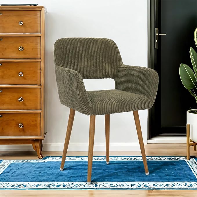 HENJIANYI Home Office Corduroy Desk Chair, Makeup Vanity Chair, Comfy Accent Armchair with Wood Grain Metal Legs, Cute Dining Chair with Hollowed Back, Green