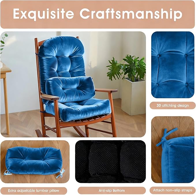 Rocking Chair Cushion Indoor Large Chair Pads Set with Ties Extra Lumbar Pillow Premium Dutch Velvet High Resilience Filler Non-Slip Bottom, Dark Blue