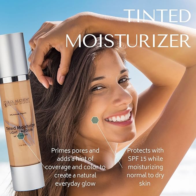 RD Alchemy - 99% Natural & Organic Tinted Moisturizer LIGHT - MEDIUM Shade with SPF. Best BB and CC cream for Normal to Dry Skin. Dark Circles & Blemishes, Reduced Pore Size, & Less Acne Breakouts.