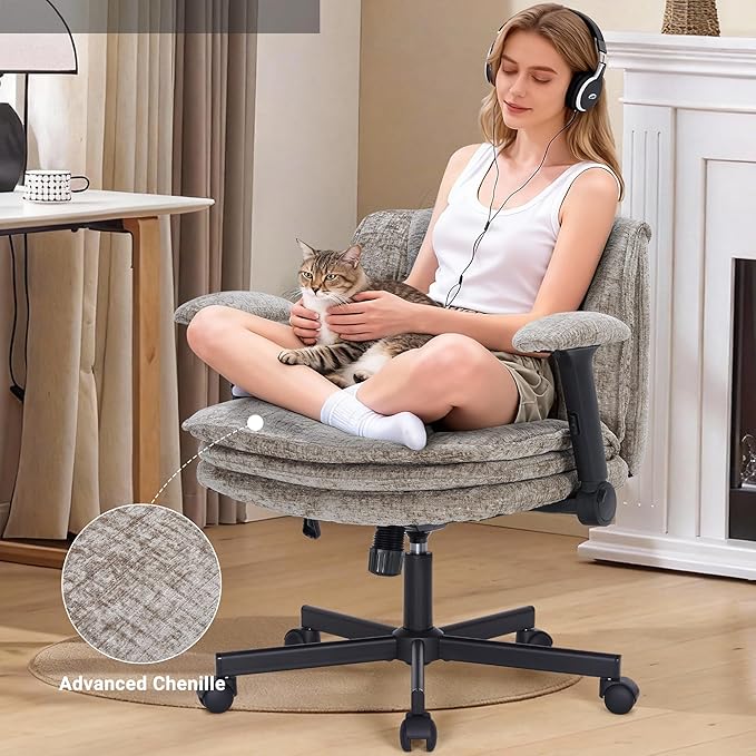 Criss Cross Chair with Wheels and Flip Arms, Upholstered Cross Legged Office Chair with 3 Layer Cushions&Dynamic Airbag Lumbar Support, Wide Seat Comfy Desk Chair for Home Office, Living Room, Khaki