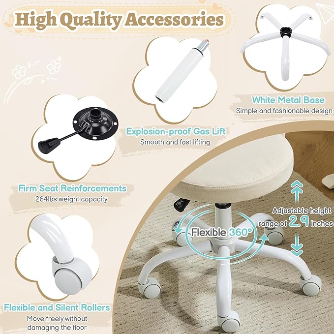 VINGLI Small Vanity Chair with Wheels for Girls.Cute Modern Adjustable Height Armless Office Desk Chair.360°Swivel Comfy Rolling Chair for Study, Make up Room,Small Space,Linen Light Yellow
