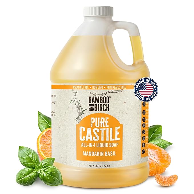BAMBOO AND BIRCH Pure Castile Soap Liquid, Certified Palm Oil Free Natural Soap, Mandarin Basil, 64 oz