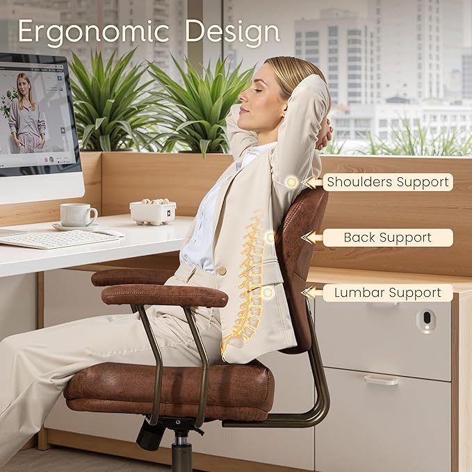 HOOOWOOO Ergonomic Office Chair,Mid Century Modern Computer Desk Chair,Comfy Executive Chair with Extra Wide Tufted Cloudy Seat Lumbar Support Rocking Back,Suede Leather Dark Brown