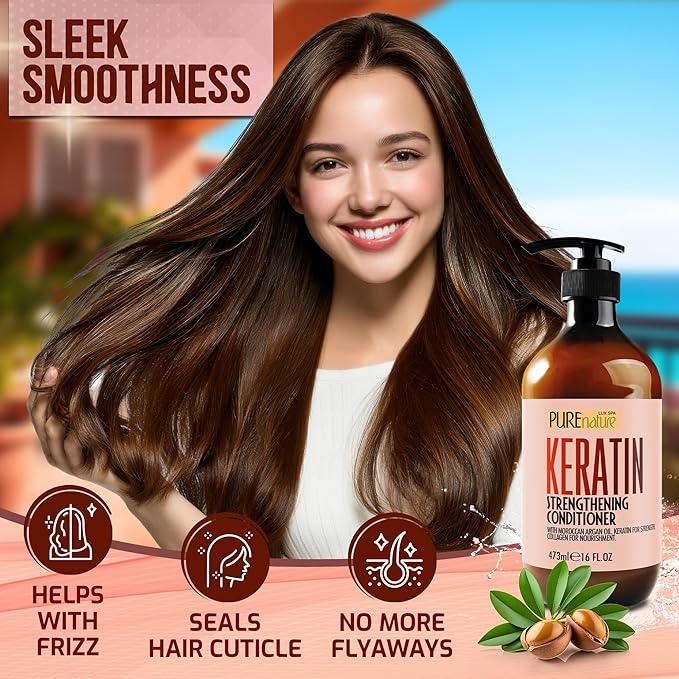PURE NATURE LUX SPA Keratin Conditioner for Women and Men - Deep Conditioning Treatment to Repair Dry, Damaged Hair and Split Ends - Strengthening Sulfate Free Formula - 16 Fl Oz