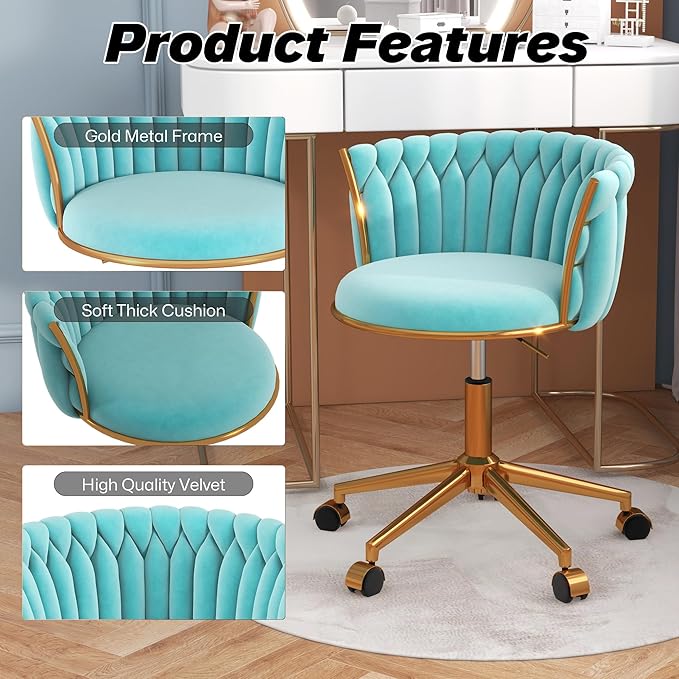 Velvet Woven Home Office Chair, Modern Swivel Desk Chair with Wheels, Height Adjustable Vanity Chair with Gold Metal Base and Hand Weaving Back for Bedroom Study Small Space, Cyan