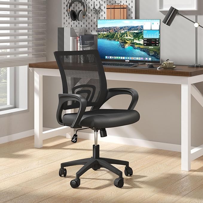 Home Office Chairs, Ergonomic Mid-Back Mesh Desk Chairs with Lumbar Support, Adjustable Swivel Rolling Design, Comfy Armrest for Work, Study, Gaming, Vanity, Black, 2 Pack