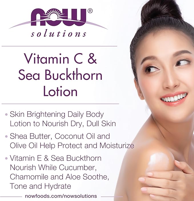 NOW Foods Solutions, Vitamin C and Sea Buckthorn Lotion, Hydrates, Repairs and Nourishes Dry Dull Skin, 8-Ounce
