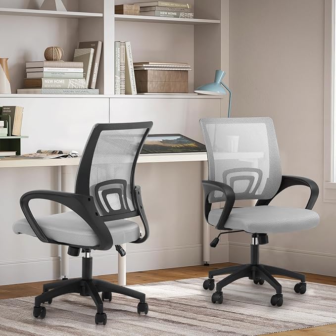 Magshion Ergonomic Office Chair Pack of 2, Mid-Back Mesh Desk Chair, Adjustable Swivel Computer Chair with Lumbar Support & Breathable Backrest for Gaming, Work, Study, 300 Lbs Capacity, Light Gray