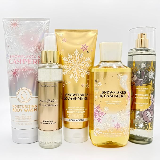 Bath & Body Works Snowflakes & Cashmere 5-Piece Gift Set | Includes: Moisturizing Body Wash, Diamond Shimmer Mist, Ultimate Hydration Body Cream, Shower Gel, and Fine Fragrance Mist