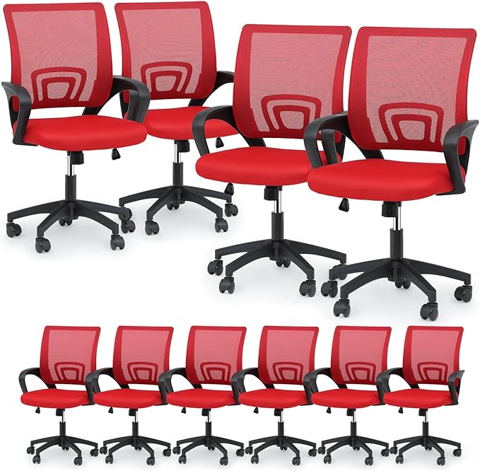 Magshion Ergonomic Office Chair 10 Pack, Mid-Back Mesh Desk Chair, Adjustable Swivel Computer Chair with Lumbar Support & Breathable Backrest for Gaming, Work, Study, 300 Lbs Capacity, Red