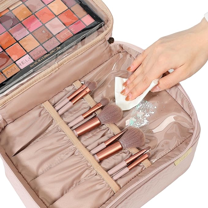 NISHEL Large Double Layer Travel Makeup Bag Women, Cosmetic Case, Organizer for Travel-Size Accessories Bottles, Brushes, Conditioner, and Skin Care Products, Pink