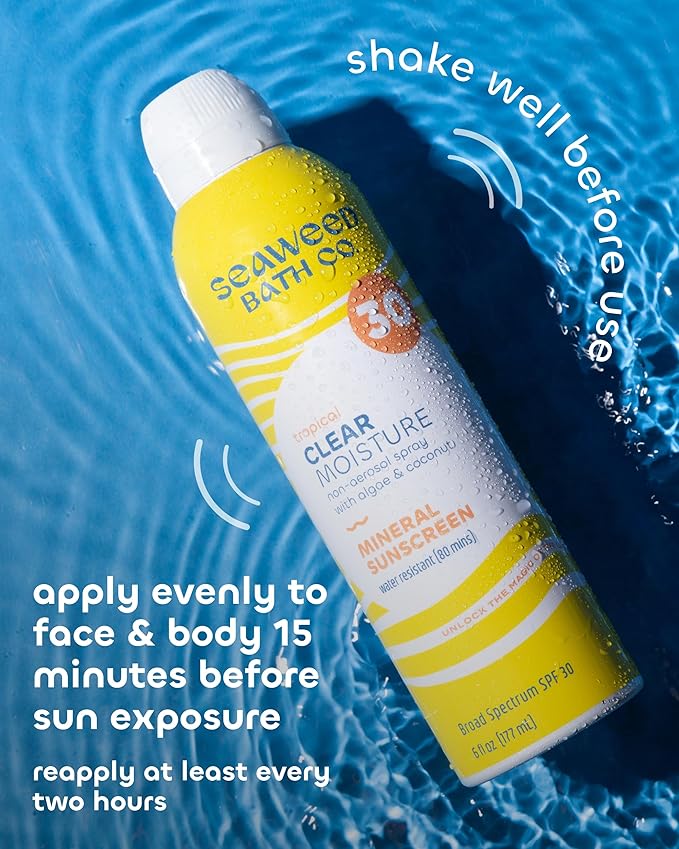 Seaweed Bath Co. Clear Moisture Mineral SPF 30 Broad Spectrum Sunscreen Spray, 6 Ounce, Sustainably Harvested Seaweed, Algae, Coconut