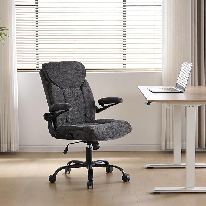 Home Office Ergonomic Desk Chair - Comfy Leather Executive Chair with Flip-Up Armrests, Lumbar Support, 360° Swivel & Rocking (Grey)