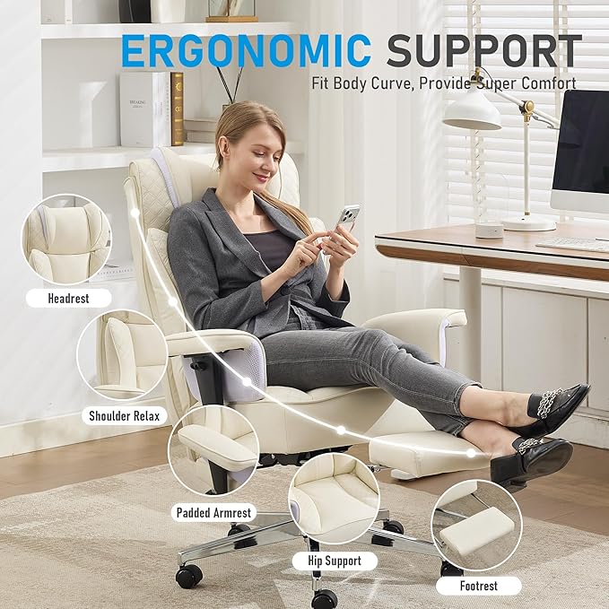 Big and Tall Office Chair, Ergonomic Leather Reclining Chair with Footrest, High-Back Comfy Executive Computer Desk Chairs with Lumbar Support, Wide Seat, 400LBS (Beige)
