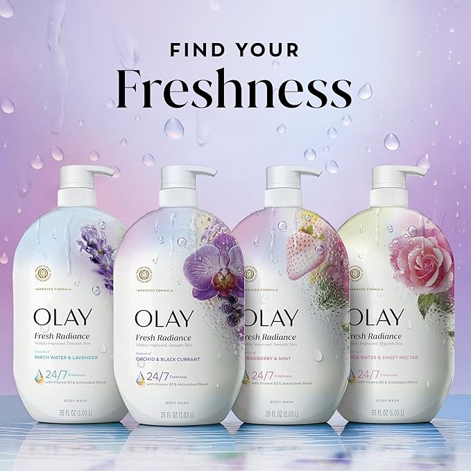 Olay Body Wash for Women, Fresh Radiance, 24/7 Skin-Loving Freshness, Visibly Radiant, Plant Based Cleansers, Vitamin B3 & Antioxidant Blend, For All Skin Types, Orchid & Black Currant Scent, 35 fl oz