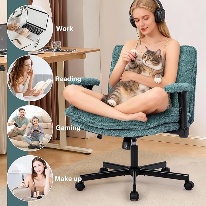Criss Cross Legged Office Chair with Wheels and Flip-Up Arms, Upholstered Criss Cross Desk Chair, Wide Seat Chairs for Home Office, Vanity, Apartment, Green
