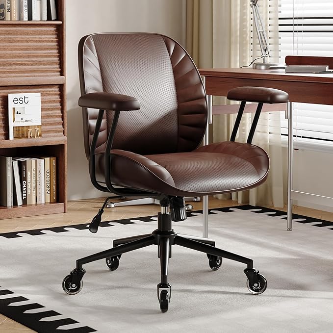 BFZ Home Office Desk Chair, Adjustable Comfy Desk Chair with Wheels, Comfortable Ergonomic Office Chair, Criss Cross Office Desk Chair with Back for Vanity,Home Office or Workspace, Dark Brown Leather