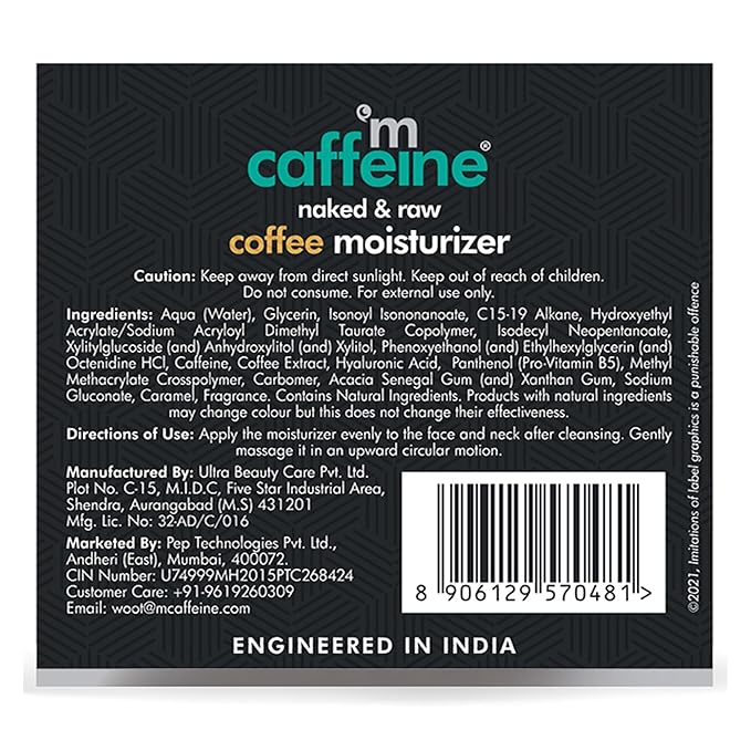 mCaffeine Naked and Raw Coffee Moisturizer - 48-Hour Face Cream Controls Excess Oil - Gel-Based Lotion Instant Moisture - Hyaluronic Acid - 1.69 oz
