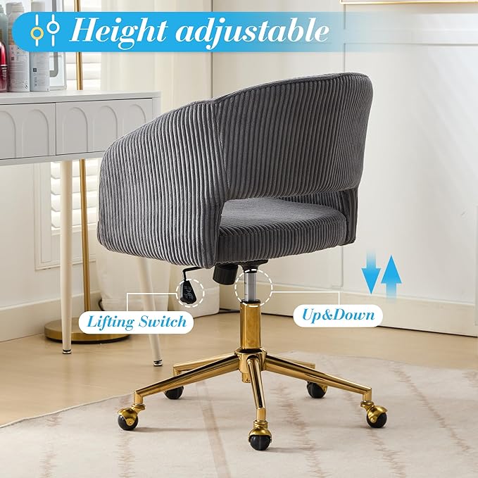 Home Office Chair Swivel Corduroy Fabric Desk Chair Accent Armchair Upholstered Modern Tufted Chairs with Gold Base for Girls Women Ergonomic Study Seat Computer Task Stools for Living Room(Gray)