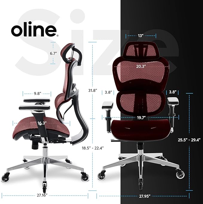 Oline ErgoPro Ergonomic Office Chair with 4D Adjustable Armrest, 3D Lumbar Support and Blade Wheels - Mesh Computer Gaming Rolling Desk Executive Swivel Home Chair (Burgundy Red)