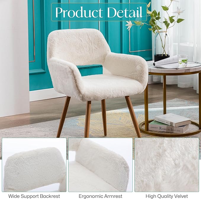Home Office Faux Fur Desk Chair, Fluffy Makeup Vanity Chair, Comfy Accent Armchair with Wood Grain Metal Legs, Cute Dining Chair with Hollowed Back, White