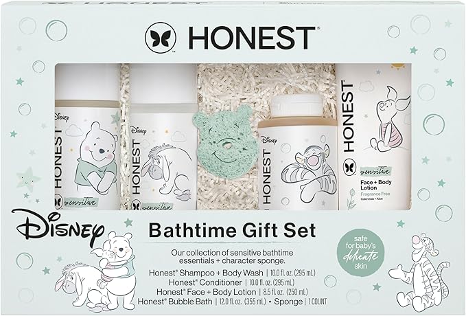 The Honest Company Fragrance-Free Bathtime Gift Set, Disney Design, Hypoallergenic, Bath Essentials for Sensitive Skin, Shampoo and Body Wash, Face Lotion, Bubble Bath, Conditioner, Sponge