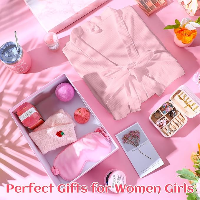 Nuogo 13 Pcs Birthday Gifts for Women Spa Basket Set for Women Mother's Day Gifts Mirrors Socks Steamers Jewelry Case Bath Robe Mom Nurse Girlfriend Wife