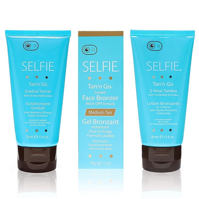 Selfie Tan'n Go Mini Travel Kit (Instant Face Bronzer 1 oz, Gradual Tanner 2 oz, 2 Hour Sunless Lotion 2 oz) Rich & Exotic Natural Looking Instant Tan For Body and Face & All Skin Types, 1 Kit Each