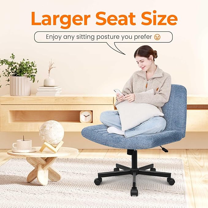 NEO Chair Criss Cross Chair with Wheels Home Office Cross Legged Armless Chairs Ergonomic Adjustable Computer Desk Task Wide Seat for Bedroom Vanity Comfy Swivel (Blue)