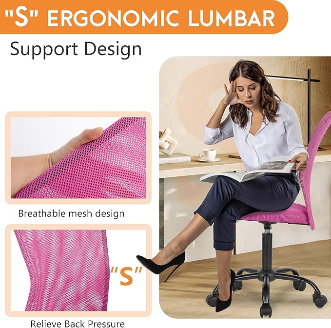 FDW Home Office Chair Mid Back Mesh Desk Chair Armless Computer Ergonomic Task Rolling Swivel Chair Back Support Adjustable Modern with Lumbar Support (Pack of 2, Pink)