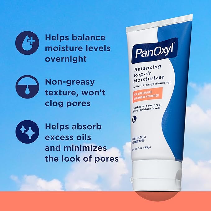 PanOxyl PM Balancing Repair Moisturizer with Niacinamide, Ceramides and Cica, Hydrating Face Moisturizer, Acne Prone Skin and Dry Skin, Non-Comedogenic Night Face Moisturizer, 3 oz