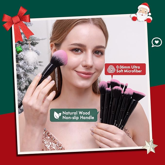 Bueart Design 18Pcs Pro Deluxe Fuchsia Pink Black Makeup Brushes set with Travel Make up Brush Holder case Foundation concealer contour Blush eyeshadow face make up brush set