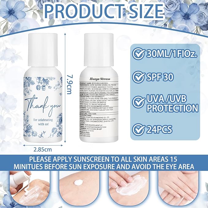 24 Pcs Blue and White Flowers Favors for Wedding Mini Sunscreen Bulk SPF 30 Travel Size 1 Fl. oz Sunscreen Bridal Wedding Baby Shower Party Favor for Guests Thank You for Celebrating with Us Gifts