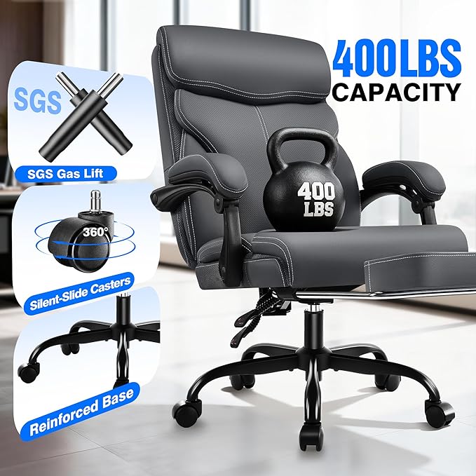 AreShark Office Chair - Ergonomic Comfortable High Back Computer Desk Chair with Foot Rest - Executive Breathable Swivel Rolling Reclining Leather Chair with Lumbar Support for Home Gaming Relaxing