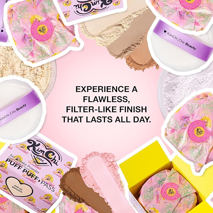 KimChiChic Beauty Puff Puff Pass Set & Bake Setting Powder for Makeup, Extra Fluffy Loose Face Powder Poof, Soft Natural Face Makeup for Uneven Skin Tone, 03 Translucent (Pack of 3)