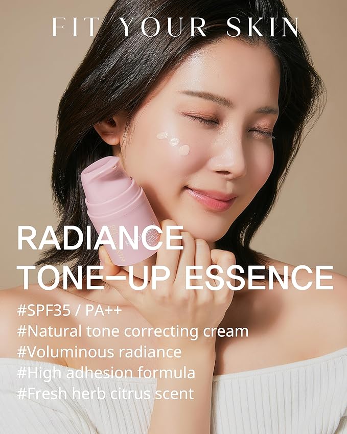 Radiance Tone-Up Essence - Korean Glass Skin Primer | Pink Beige Tinted Moisturizer | Pore-Blur Glow Base | Natural Coverage Dewy Finish | Ceramide Vitamin C | 1.01 fl oz