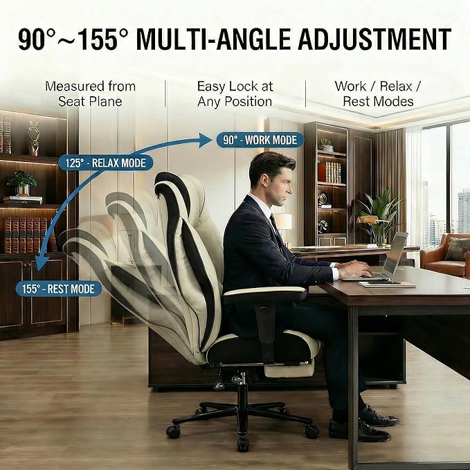 Big and Tall Office Chair 500lbs - 23.6" Extra Wide Seat Ergonomic Executive Chair, Heavy Duty Metal Base High Back Leather Office Chair with Footrest, Lumbar Support & Adjustable Arm, Beige