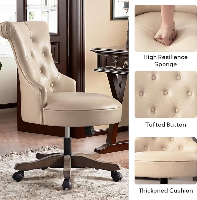 HUIMO Home Office Chair Upholstered Armless Desk Chair with Wheels Adjustable Height Computer Desk Chair with Wooden Legs Comfortable Swivel Chair for Home Office Study Studio (Light Taupe)