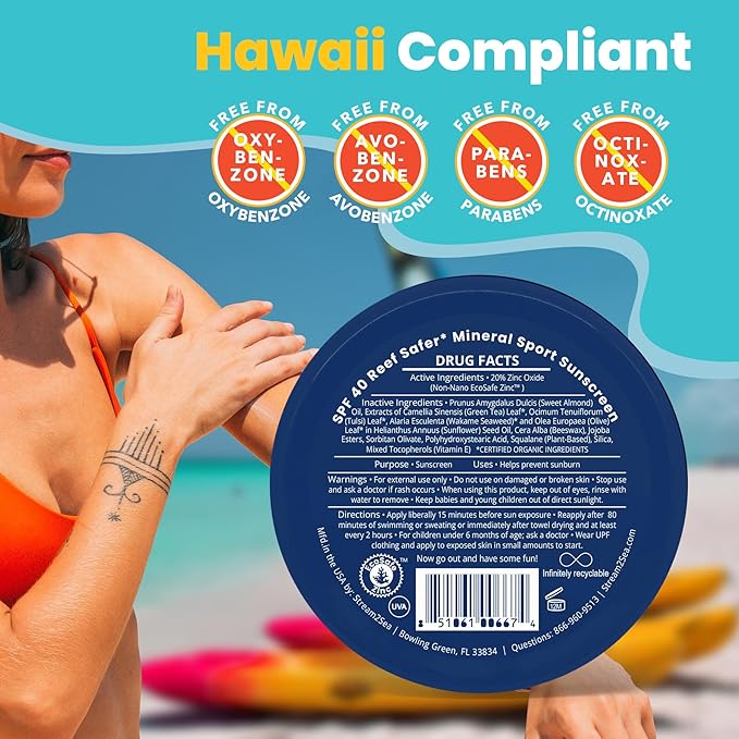 STREAM2SEA SPF40 Unscented Mineral Sport Sunscreen in Tin with EcoSafe Zinc for Face & Body, Natural Organic Biodegradable Coral Reef Safe Sunscreen, Travel Size, Mineral Based, 2.8 oz
