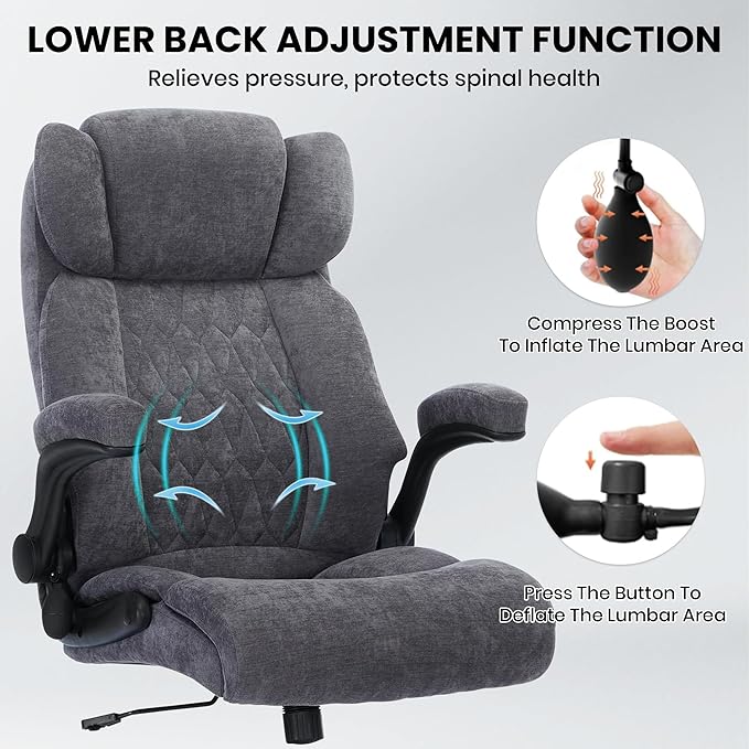 500lbs Big and Tall Office Chair Adjustable Lumbar Support for Back Pain, Extra Wide Seat Executive Office Chair Thick Armrest Pad, Heavy Duty Base&Upgraded Wheels, Ergonomic Comfy Computer Desk Chair