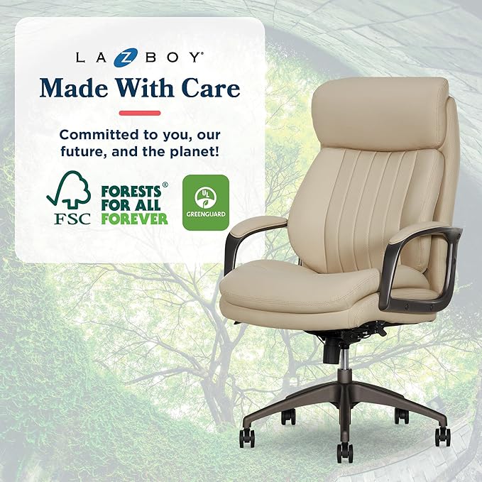 La-Z-Boy Nova Executive Office Chair - Ergonomic High Back Desk Chair with AIR Lumbar Support - Comfortable Computer Chair for Home Office - Vegan Leather - Cream