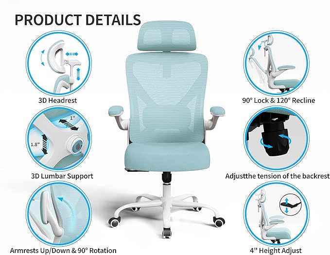 Office Chair - Ergonomic Office Chair with Back Support, Ergonomic Computer Chair - Home Office Desk Chairs, 400lbs Wide Seat Big and Tall Office Chairs with Headrest, Comfy Desk Chairs (Mint Green)