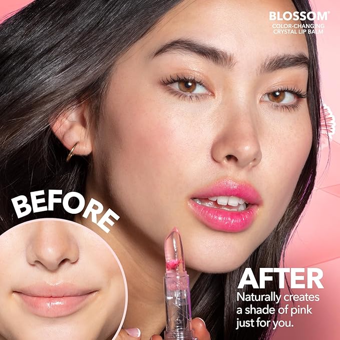 Blossom Moisturizing Scented pH Color Changing Crystal Lip Balm Strawberry Scented Lip Stain Tint, Mini Coconut Rollon Scented Lip Gloss, Infused with Real Flowers, 2 pk, Coconut/Purple
