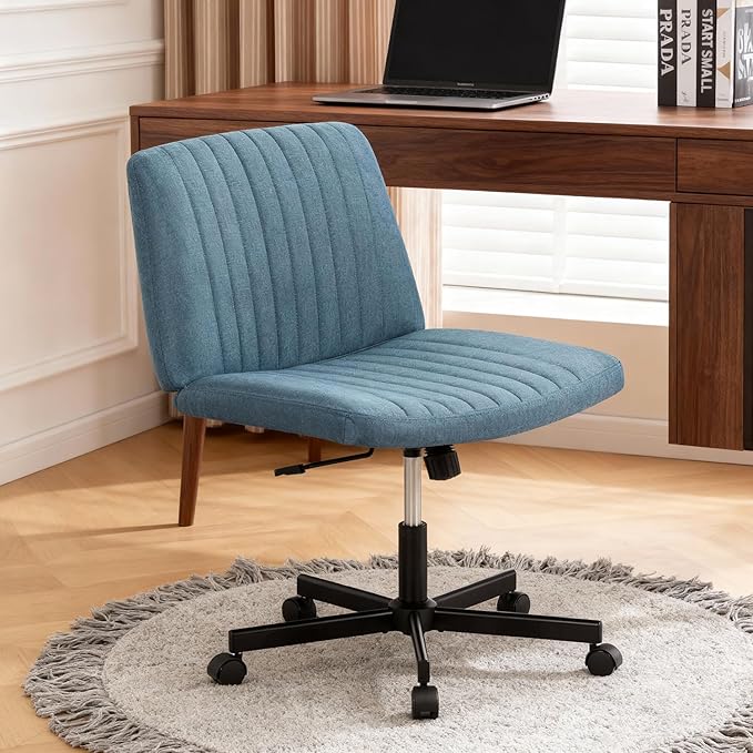 FDW Criss Cross Chair with Wheels Cross Legged Office Desk Modern Swivel Height Adjustable Wide Seat Computer Task Vanity Chair Comfy Fabric Armless Seating for Home Office