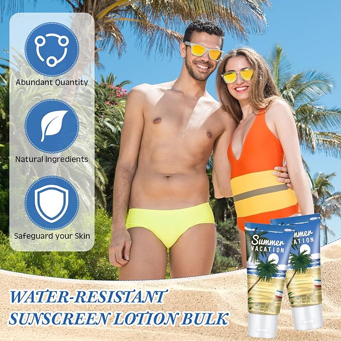 12 Pcs Mini Sunscreen Bulk for Summer Travel Size Spf 30 Water Resistant Sunscreen Lotion Bulk for Thank You Gifts Hawaiian Wedding Bridal Party Favors for Pool Wedding(Summer Vacation)