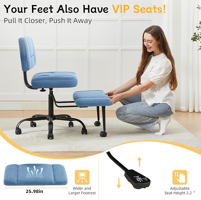 Criss Cross Legged Office Chair with Wheels,Swivel Meditation Chair for ADHD,Ergonomic Desk Chair with Thicken Adjustable Footstool,Fabric Sitting Fidgeting Kneeling Chair for Home Yoga Blue