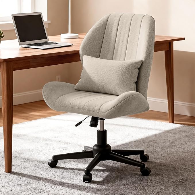 Criss Cross Chair with Wheels, Wide Cross Legged Office Chair Armless Comfy Desk Chair with Tall Back Vanity Chairs with Stress Relief Curved Design Seat for Bedroom & Office & Home Oatmeal
